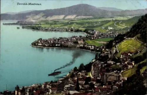 Ak Territet Montreux Kt. Waadt, Territet- Blick auf den See, Dampfschiff, Berge im Hintergrund
