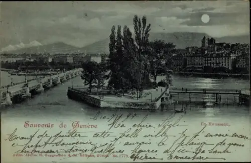 Ak Genf Stadt Schweiz, Souvenir de Genève, Ile Rousseau, Wasser, Bäume, Stadtansicht