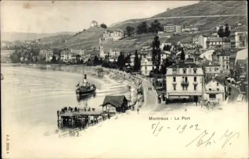 Ak Montreux Kanton Waadt Schweiz, Montreux Le Port, Hafenansicht, Dampfschiff, Uferpromenade