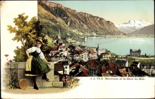 Ak Montreux Kanton Waadt Schweiz, Berglandschaft,  Dent du Midi, Mädchen in Tracht