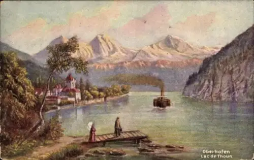 Ak Oberhofen am Thunersee Kanton Bern, Landschaft mit Bergen, See, Dampfschiff, Personen auf Steg