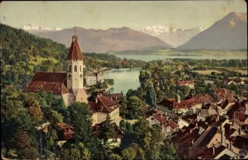 Ak Thun Kanton Bern Schweiz,  Alpenblick, Kirche, Häuser, See, Berge