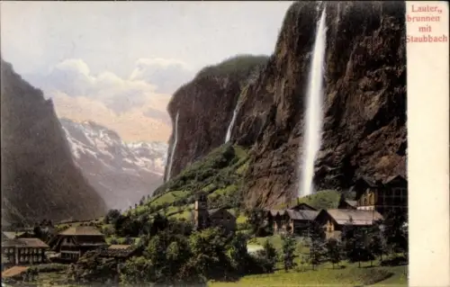Ak Lauterbrunnen Kanton Bern, Landschaft mit Wasserfall, Berge, Gebäude, Kirche