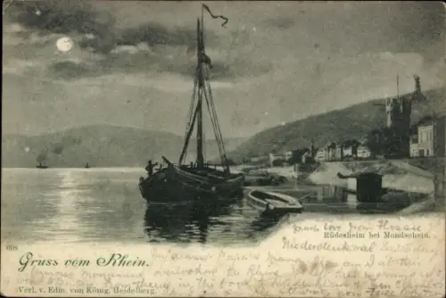Mondschein Ak Rüdesheim am Rhein, Hafen