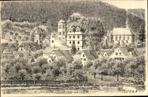 Ak Hirsau Calw im Schwarzwald, Zeichnung eines Dorfes, Kirche, Häuser, Landschaft, Hirsau