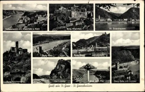 Ak St. Goarshausen am Rhein, Totalansicht mit Rheinfels u. Katz, Burg Rheinfels,  Burg Katz, Burg