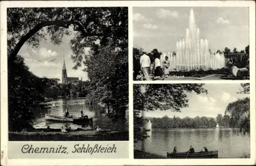 Ak Chemnitz in Sachsen,  Schloßteich, Brunnen, Boote, Menschen