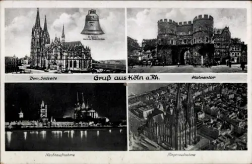 Ak Köln am Rhein, Dom, Hahnentor, Nachtaufnahme, Riegeraufnahme, Gruß aus Köln