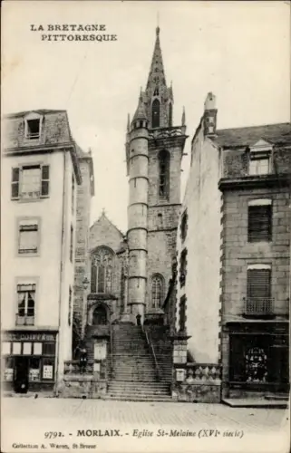 Ak Morlaix Finistère, Eglise St-Melaine,  Treppen, Geschäfte