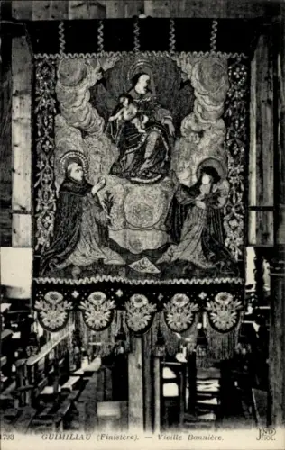 Ak Guimiliau Finistère, Alte Banner, Maria mit Kind, zwei Heilige, religiöse Darstellung