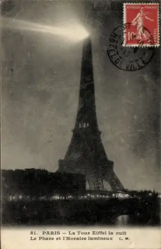 Ak Paris VII., La Tour Eiffel la nuit, horaire lumineux