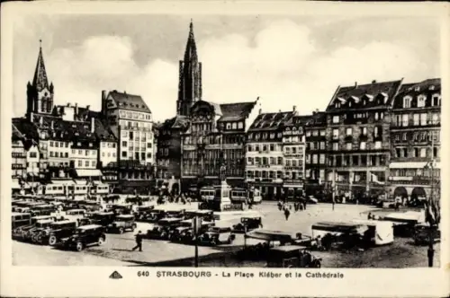 Ak Strasbourg Straßburg Elsass Bas Rhin, Platz Kléber, Kathedrale,  Gebäude, Autos