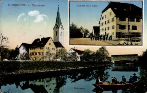 Ak Eriskirch am Bodensee, Teilansicht, Kirche, Gasthof zum Adler