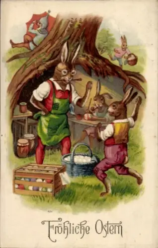 Ak Glückwunsch Ostern, Vermenschlichte Osterhasen, Ostereier