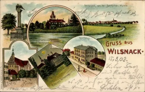 Litho Bad Wilsnack in der Prignitz, Kriegerdenkmal, Schloss, Kirche, Rathaus, Schloss Plattenburg