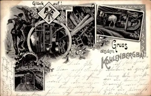 Litho Gelsenkirchen im Ruhrgebiet, Glück auf, Bergmann, Pferd im Stollen, Bergbau