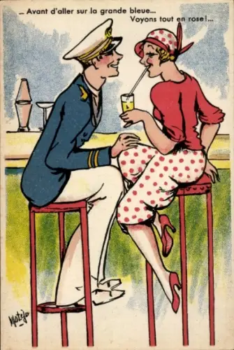 Künstler Ak Liebespaar in der Bar, Mann in Uniform