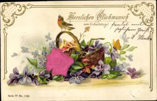 Präge Material Litho Glückwunsch Geburtstag, Blumen, Veilchen
