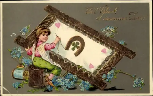 Ak Glückwunsch Neujahr, Mädchen, Kleeblatt, Hufeisen, Vergissmeinnicht