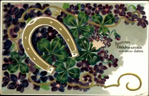 Ak Glückwunsch Neujahr, Kleeblatt, Hufeisen