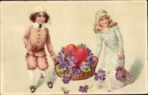 Ak zwei Kinder mit Blumenkorb, Herz