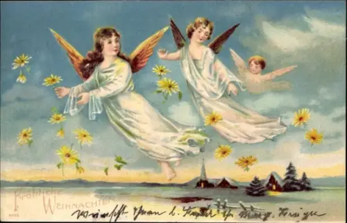 Ak Frohe Weihnachten, Engel, Dorfidyll