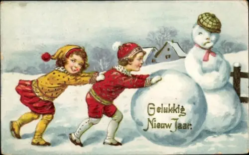 Ak Glückwunsch Neujahr, Kinder, Schneemann