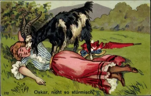 Ak Oskar, nicht so stürmisch, Humor, Frau und Ziegenbock
