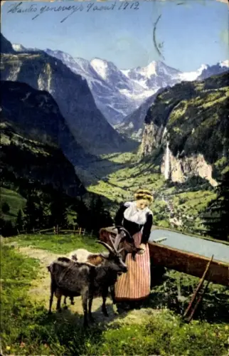 Ak Schweiz, Frau in Tracht, Ziegen