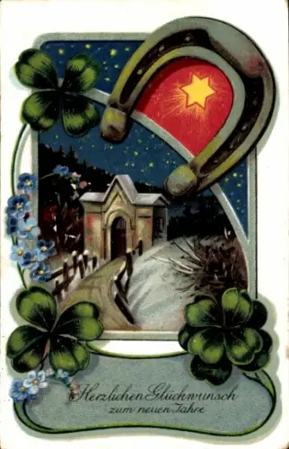 Ak Glückwunsch Neujahr, Kleeblatt, Hufeisen