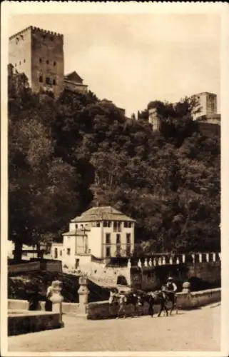 Ak Granada Andalusien Spanien, Alhambra,  Landschaft, Gebäude, Fluss, Pferde