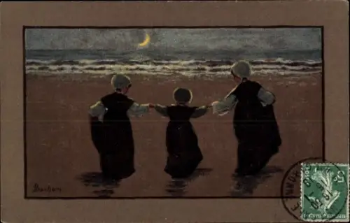 Künstler Ak Strand, Kinder in Niederländischen Trachten