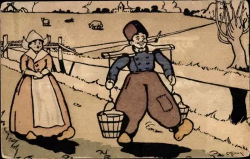 Künstler Ak Kanalpartie, Niederländische Trachten, Wasserträger