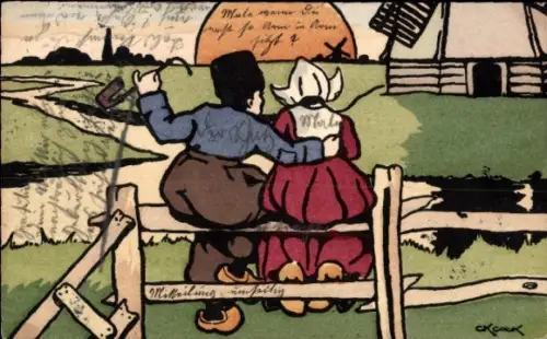 Künstler Ak Dorfidyll, Niederländische Trachten, Sonnenuntergang, Windmühle