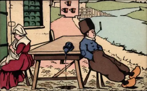 Künstler Ak Das Paar nach dem Streit, Niederländische Trachten