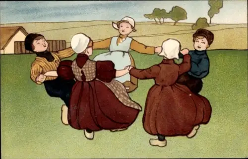 Litho Niederländische Volkstracht, Kinder spielend, Ringelreihe