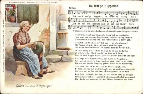 Ak Erzgebirge, Klöpplerin bei der Arbeit, Volkstracht