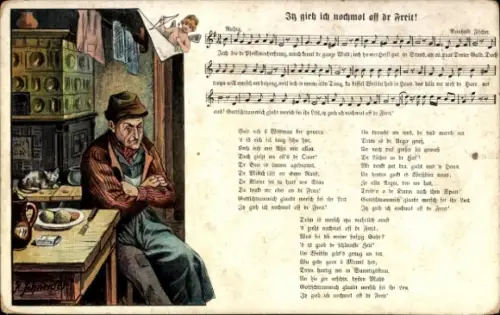 Lied Ak Schneider, Rud., Itz gieh ich nochmol off dr Freit, Wilhelm Vogel, Mann, Kachelofen