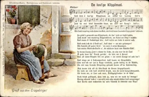 Ak Erzgebirge, Klöpplerin bei der Arbeit, Volkstracht