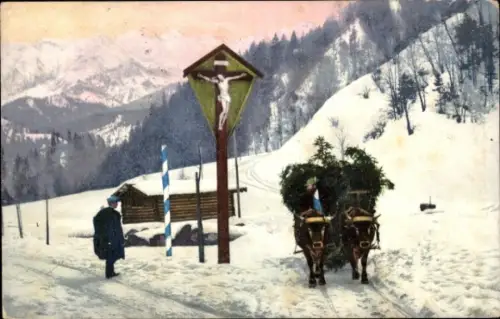 Ak Nenke & Ostermaier Nr 1168, Winterlandschaft im Gebirge, Rinderfuhrwerk