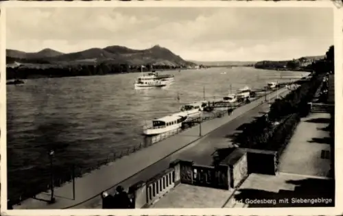 Ak Bad Godesberg Bonn am Rhein,  Siebengebirge, Fluss, Schiffe, Uferpromenade