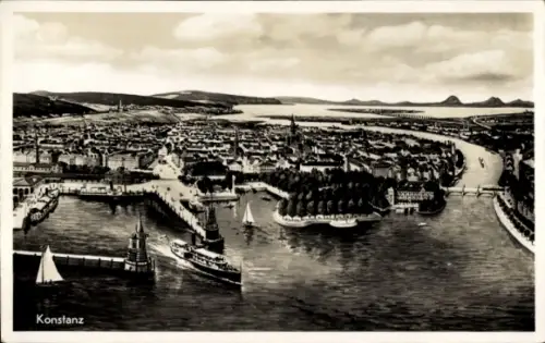Ak Konstanz am Bodensee, Luftaufnahme von  Bodensee, Schiffe, Hafen, Stadtansicht