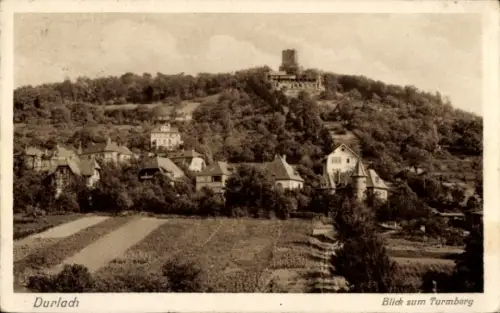 Ak Durlach Karlsruhe in Baden,  Blick zum Turmberg, Landschaft, Häuser, Bäume