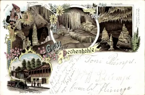 Litho Grüne Iserlohn im Märkischen Kreis, Dechenhöhle, Königshalle, Zwerge, Orgelgrotte, Bahnhof