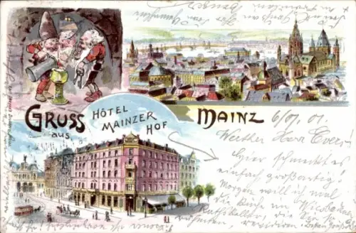 Litho Mainz am Rhein, Hotel Mainzer Hof, Zwerge, Stadtpanorama, Dom