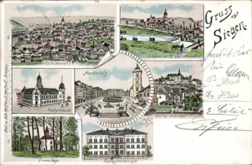Litho Siegen Westfalen, Panorama, Postgebäude, Marktplatz, Oberes Schloss, Eremitage, Realgymnasium