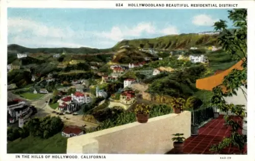 Ak Hollywood Los Angeles Kalifornien USA, Panoramaansicht von Hollywoodland, Wohngebiet, Hügel, K