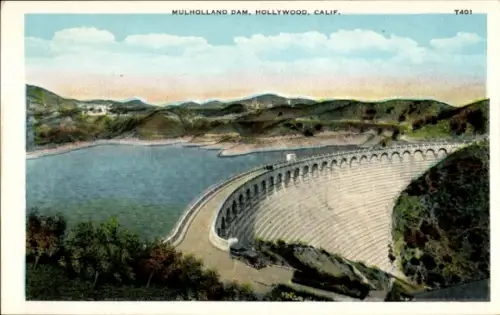 Ak Hollywood Los Angeles Kalifornien USA, Mulholland Dam,  Wasserreservoir, Berge im Hintergrund