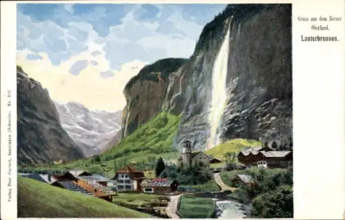 Ak Lauterbrunnen Kanton Bern, Landschaft mit Wasserfall, Dorf, Berge, Fluss, Schweiz