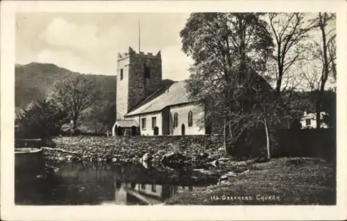 Ak Grasmere Lake District Cumbria, Red Bank, Grasmere Church, Kirche, Wasser, Bäume, Landschaft